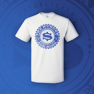 Internationally Respected white/royal blue t-shirt