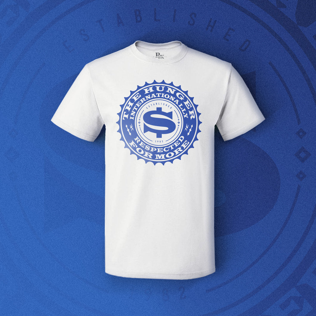 Internationally Respected white/royal blue t-shirt